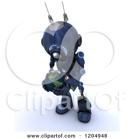 Clipart of a 3d Blue Android Robot Holding and Looking down at an Earth Globe - Royalty Free CGI Illustration by KJ Pargeter