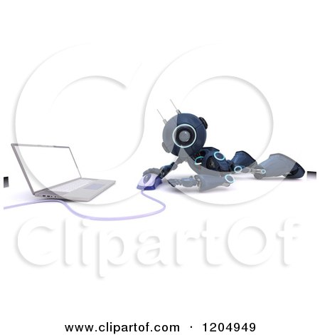 Clipart of a 3d Blue Android Robot Using a Compute Rmouse and Laptop on the Floor - Royalty Free CGI Illustration by KJ Pargeter