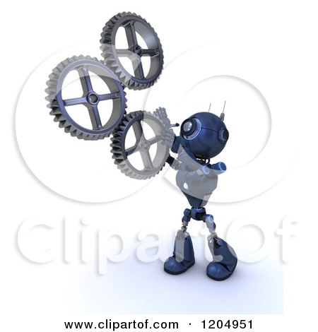 Clipart of a 3d Blue Android Robot Spinning Gear Cog Wheels - Royalty Free CGI Illustration by KJ Pargeter