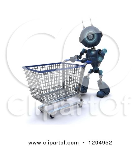 Clipart of a 3d Blue Android Robot Pushing a Shopping Cart Trolly - Royalty Free CGI Illustration by KJ Pargeter