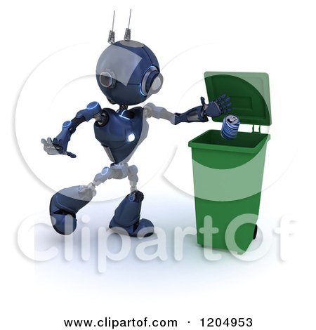 Clipart of a 3d Blue Android Robot Recycling an Aluminum Can - Royalty Free CGI Illustration by KJ Pargeter