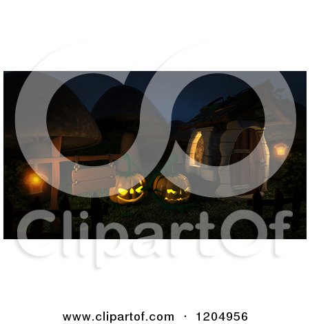Clipart of a 3d Mushroom Village Illuminated by a Lantern on a Sign and Halloween Jackolantern Pumpkins - Royalty Free CGI Illustration by KJ Pargeter