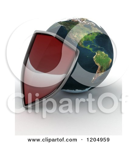 Clipart of a 3d Globe Featuring the Americas, and a Red Security Shield, on Shaded White - Royalty Free CGI Illustration by KJ Pargeter