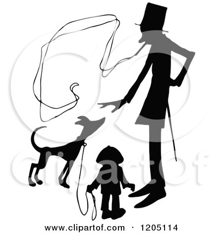Clipart of a Vintage Black and White Silhouetted Smoking Man Boy and Dog - Royalty Free Vector Illustration by Prawny Vintage