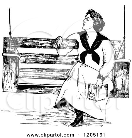 Clipart of a Vintage Black and White Woman Olding a Book on a Bench - Royalty Free Vector Illustration by Prawny Vintage