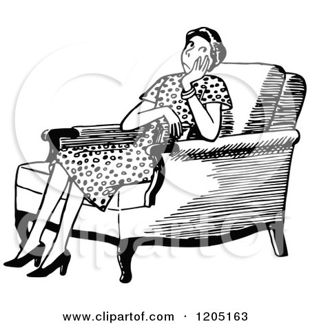 Cartoon of a Vintage Black and White Bored Housewife in a Chair - Royalty Free Vector Clipart by Prawny Vintage