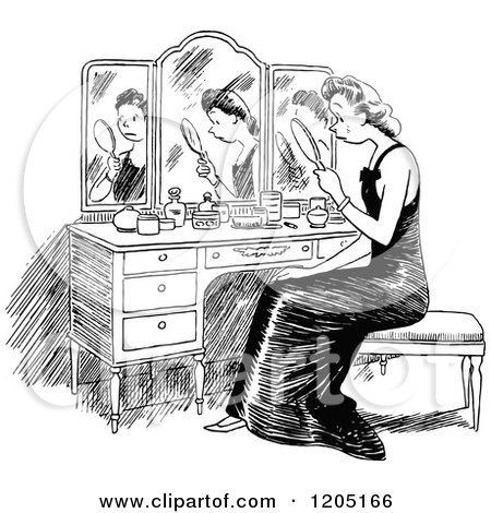 Cartoon of a Vintage Black and White Sad Woman Looking at Her Reflection - Royalty Free Vector Clipart by Prawny Vintage