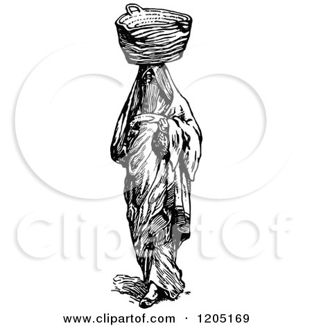 Cartoon of a Vintage Black and White Ancient Egyptian Woman with a Basket on Her Head - Royalty Free Vector Clipart by Prawny Vintage