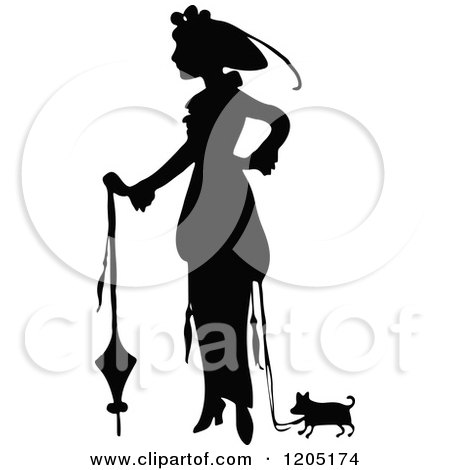 Clipart of a Vintage Black and White Silhouetted Lady and Dog - Royalty Free Vector Illustration by Prawny Vintage