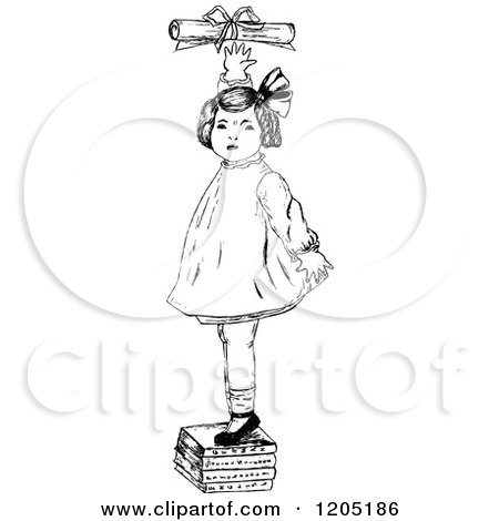 Clipart of a Vintage Black and White Girl Standing on Books and Reaching for a Certificate - Royalty Free Vector Illustration by Prawny Vintage