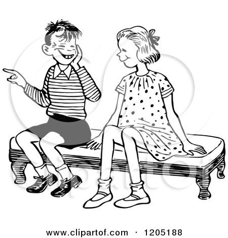 Clipart of a Vintage Black and White Boy and Girl Laughing on a Bench - Royalty Free Vector Illustration by Prawny Vintage