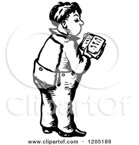 Clipart of a Vintage Black and White Boy Standing and Reading - Royalty Free Vector Illustration by Prawny Vintage