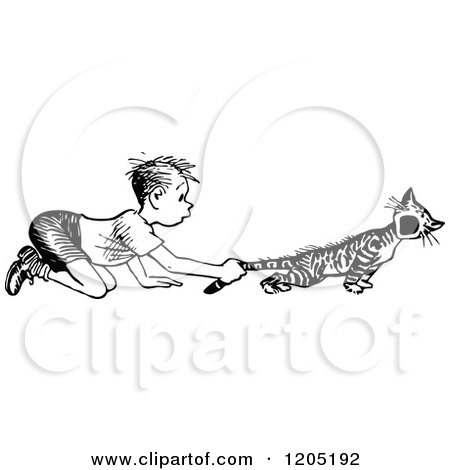 Clipart of a Vintage Black and White Boy Pulling a Cats Tail - Royalty Free Vector Illustration by Prawny Vintage