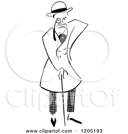 Cartoon of a Vintage Black and White Person with a Cane - Royalty Free Vector Clipart by Prawny Vintage