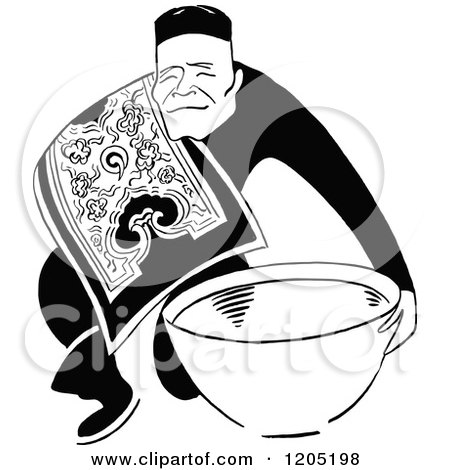 Cartoon of a Vintage Black and White Asian Man with a Bowl - Royalty Free Vector Clipart by Prawny Vintage