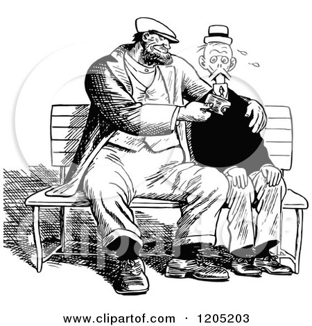 Clipart of Vintage Black and White Men Being Buddies on a Bench - Royalty Free Vector Illustration by Prawny Vintage