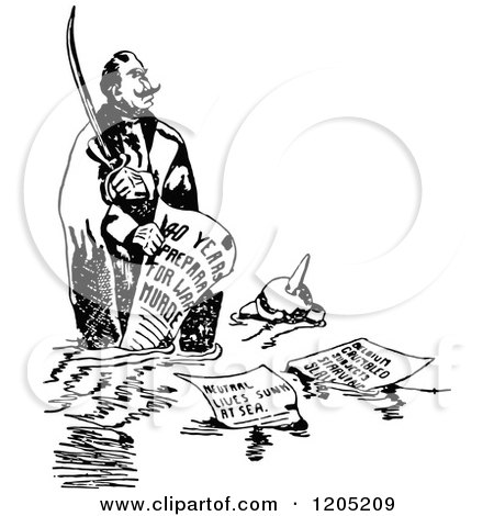 Cartoon of a Vintage Black and White Man Sunk at Sea - Royalty Free Vector Clipart by Prawny Vintage