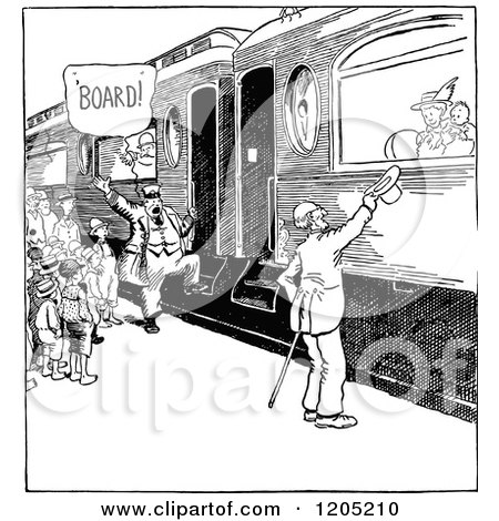 Cartoon of Vintage Black and White People Boarding a Train - Royalty Free Vector Clipart by Prawny Vintage