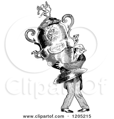 Cartoon of a Vintage Black and White Man Carrying a Giant Trophy - Royalty Free Vector Clipart by Prawny Vintage