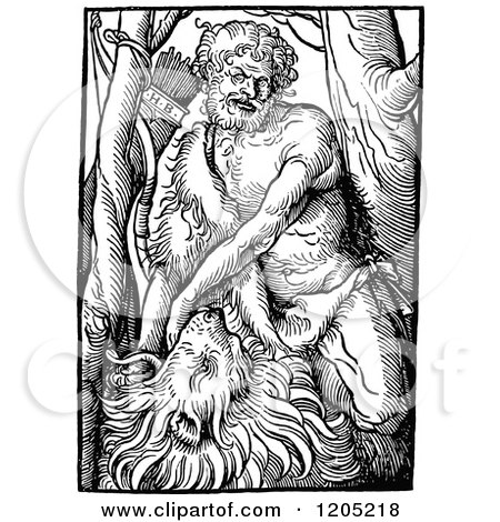 Cartoon of Vintage Black and White Samson Wrestling a Lion - Royalty Free Vector Clipart by Prawny Vintage