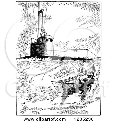 Cartoon of a Vintage Black and White Submarine Rising by a Man Fishing - Royalty Free Vector Clipart by Prawny Vintage