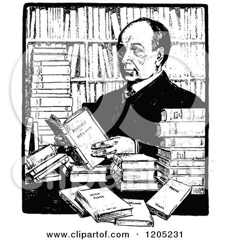 Cartoon of a Vintage Black and White Man with Books - Royalty Free Vector Clipart by Prawny Vintage