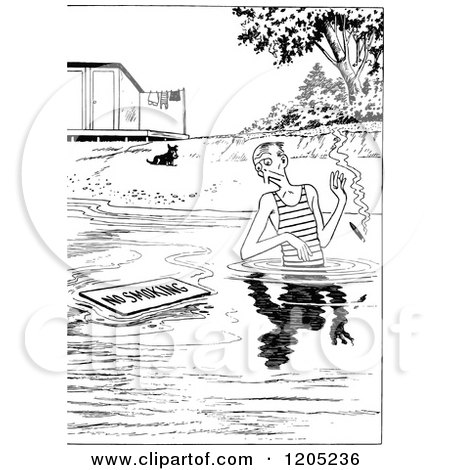 Cartoon of a Vintage Black and White Man Wading by a No Smoking Sign - Royalty Free Vector Clipart by Prawny Vintage