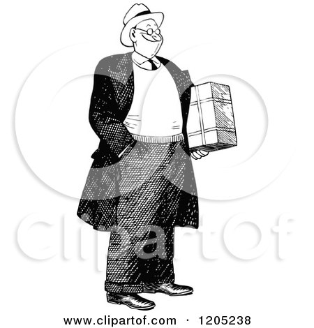 Cartoon of a Vintage Black and White Happy Man Holding a Package - Royalty Free Vector Clipart by Prawny Vintage