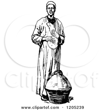 Cartoon of a Vintage Black and White Ancient Middle Eastern Man with a Jar - Royalty Free Vector Clipart by Prawny Vintage