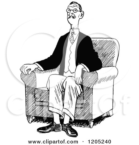 Cartoon of a Vintage Black and White Man Sitting in an Arm Chair - Royalty Free Vector Clipart by Prawny Vintage