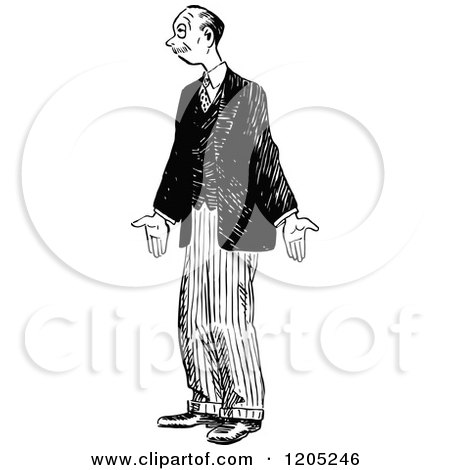 Cartoon of a Vintage Black and White Shrugging Man - Royalty Free Vector Clipart by Prawny Vintage