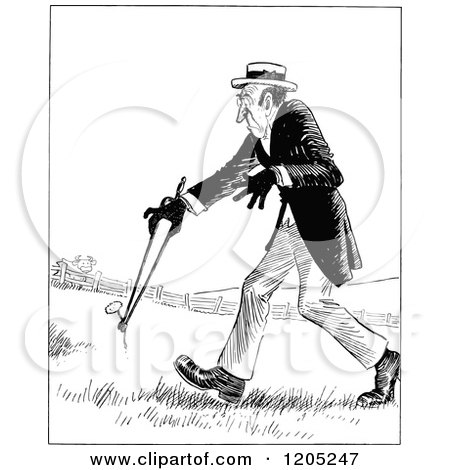 Cartoon of a Vintage Black and White Man Carrying a Weed Through a Field - Royalty Free Vector Clipart by Prawny Vintage