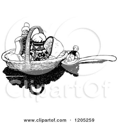 Clipart of a Vintage Black and White Tiny Boy on a Spoon - Royalty Free Vector Illustration by Prawny Vintage