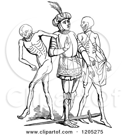 Clipart of a Vintage Black and White Knight in the Dance of Death - Royalty Free Vector Illustration by Prawny Vintage