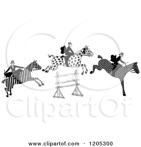 Clipart of Vintage Black and White Leaping Patterned Horses - Royalty Free Vector Illustration by Prawny Vintage