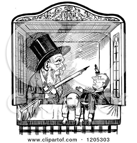 Clipart of a Vintage Black and White Puppet Show - Royalty Free Vector Illustration by Prawny Vintage