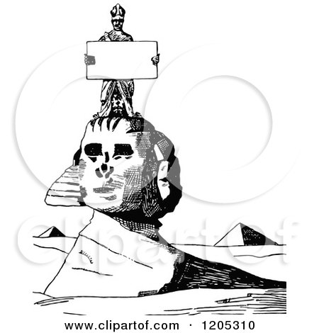 Cartoon of a Vintage Black and White Man Holding a Sign on the Egyptian Sphinx - Royalty Free Vector Clipart by Prawny Vintage