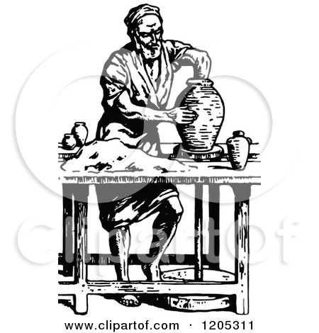 Cartoon of a Vintage Black and White Potter Making a Jar - Royalty Free Vector Clipart by Prawny Vintage