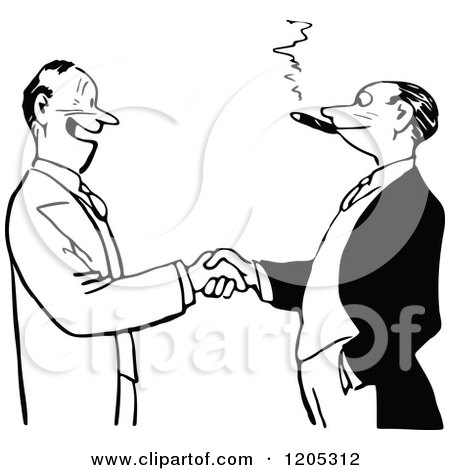 Cartoon of Vintage Black and White Men Shaking Hands - Royalty Free Vector Clipart by Prawny Vintage