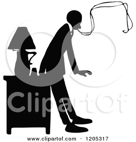 Clipart of a Vintage Black and White Silhouetted Smoking Man - Royalty Free Vector Illustration by Prawny Vintage