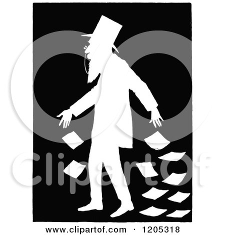 Clipart of a Vintage Black and White Silhouetted Man Dropping Banknotes - Royalty Free Vector Illustration by Prawny Vintage