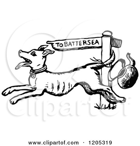 Clipart of a Vintage Black and White Dog Running to Battersea - Royalty Free Vector Illustration by Prawny Vintage