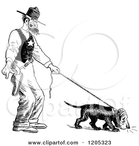Cartoon of a Vintage Black and White Angry Sheriff and Blood Hound off Track - Royalty Free Vector Clipart by Prawny Vintage
