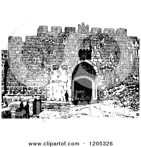 Cartoon of Vintage Black and White St Stephens Gate Jerusalem - Royalty Free Vector Clipart by Prawny Vintage