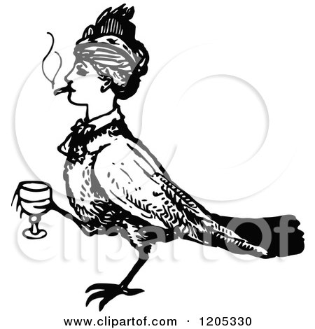 Clipart of a Vintage Black and White Bird Woman with a Cigarette and Wine - Royalty Free Vector Illustration by Prawny Vintage