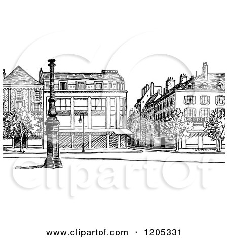 Cartoon of a Vintage Black and White Street and Buildings - Royalty Free Vector Clipart by Prawny Vintage