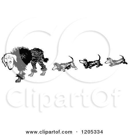 Cartoon of a Vintage Black and White Dog Trail - Royalty Free Vector Clipart by Prawny Vintage