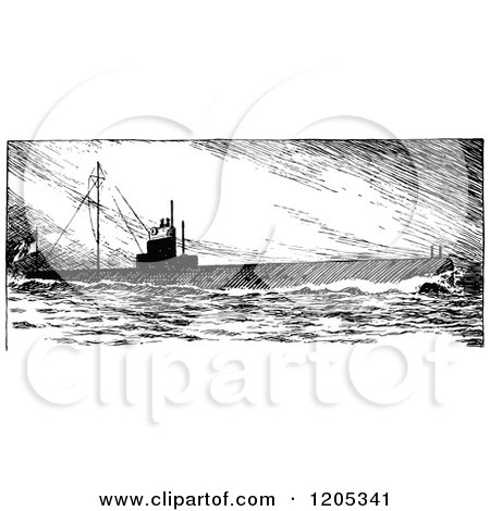 Clipart of a Vintage Black and White Submarine - Royalty Free Vector Illustration by Prawny Vintage