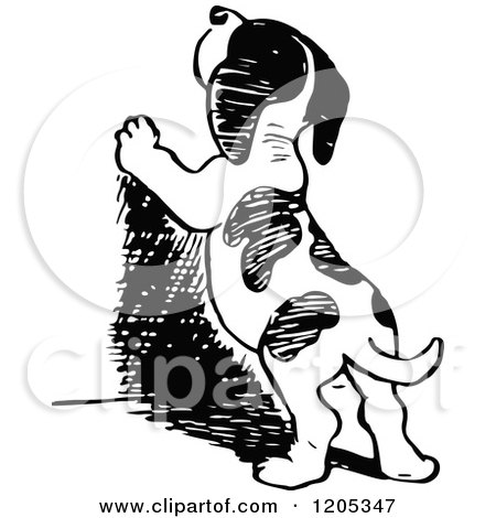 Cartoon of a Vintage Black and White Puppy Standing Against a Wall - Royalty Free Vector Clipart by Prawny Vintage