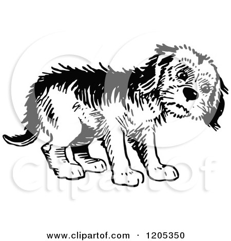 Cartoon of a Vintage Black and White Forlorn Dog - Royalty Free Vector Clipart by Prawny Vintage